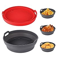 Air Fryer Silicone Liners, Reusable Collapsible Round Basket Airfryer Liner, 8.5 inch Foldable Heat Resistant Non Stick Baking Trays for 5QT -8QT Air Fryers, 2 Pack (Grey+Red)