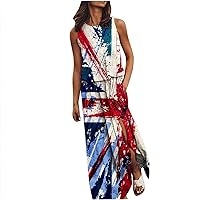 July 4th Women Elastic Mid Waist USA Flag Tank Dress Sleeveless Split Side Hem Casual Fashion Summer Patriotic Dress