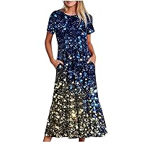 Women Fashion Print Short Sleeve Dress Casual Summer Flowy Tiered Long Midi Dresses with Pockets Flowy A-Line Dress