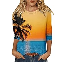 Women's 3/4 Sleeve Summer Tops Women's Fashion Casual Round Neck 3/4 Sleeve Loose Printed T-Shirt Top