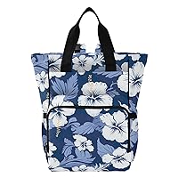 Leaves Hibiscus Florals Blue Diaper Bag Backpack for Women Men Large Capacity Baby Changing Totes with Three Pockets Multifunction Baby Essentials for Shopping Travelling