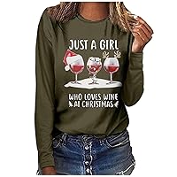 Women Just A Girl Who Loves Wine at Christmas T-Shirt Red Wine Glass Christmas Shirt Santa Hat Long Sleeve Tee Tops