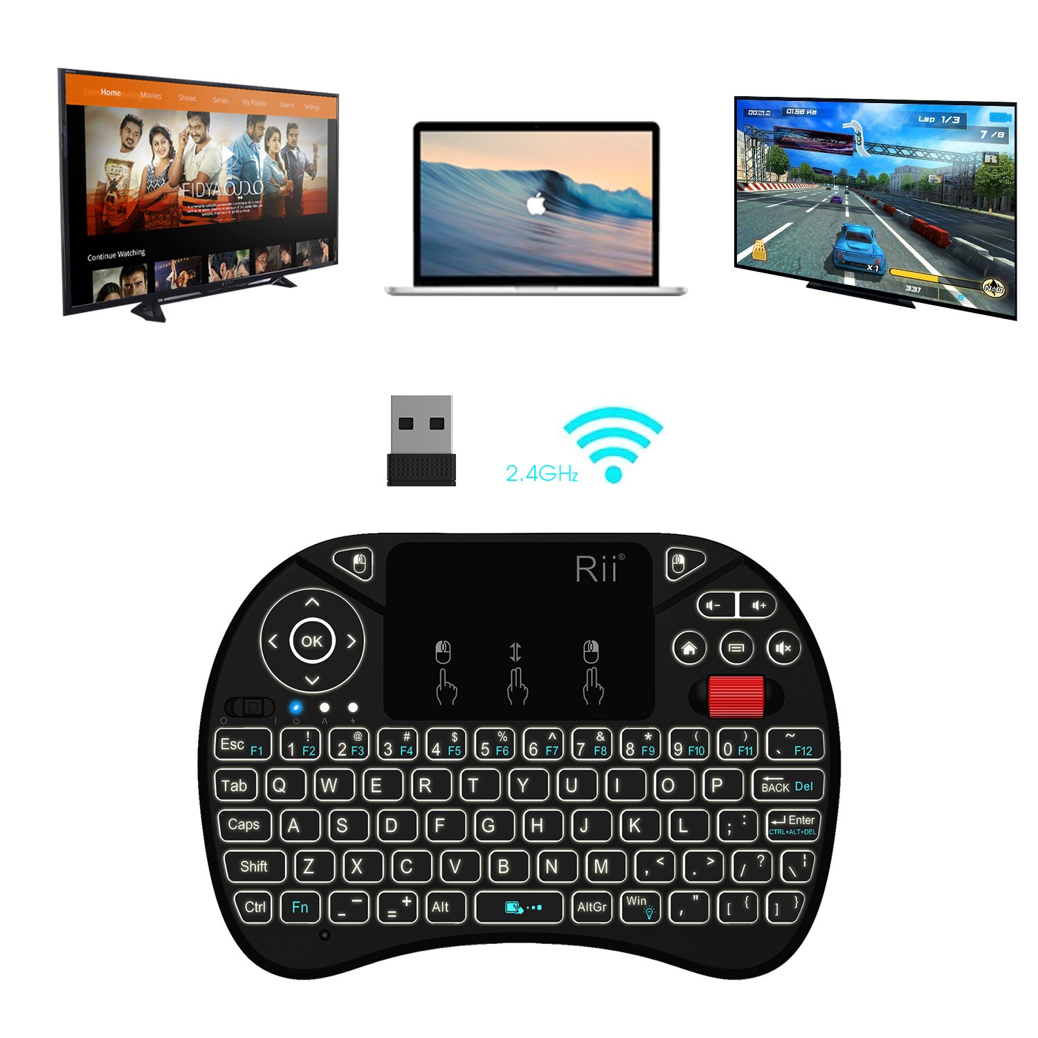 Rii Mini Wireless Keyboard, i8X Portable 2.4GHz Wireless Keyboard with Touchpad Mouse, LED Backlit, Rechargable Li-ion Battery-Black