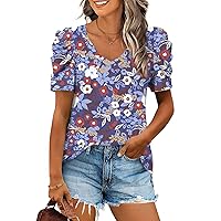 Anydeer Women Puff Sleeve Summer Tunic Top Casual T-Shirts Fashion V-Neck Pullover Loose Blouse