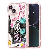 Compatible for iPhone 15 Case Cute Aesthetic - Glitter Pink Phone Case with Camera Protector - Girly Scream Skeleton Skull Pattern Print Cover with Wrist Strap Design for Woman Girl 6.1