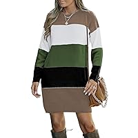 Dokotoo Womens Long Sleeve Color Block Sweater Dress Casual Loose Elasticity Winter Knit Pullover Dresses