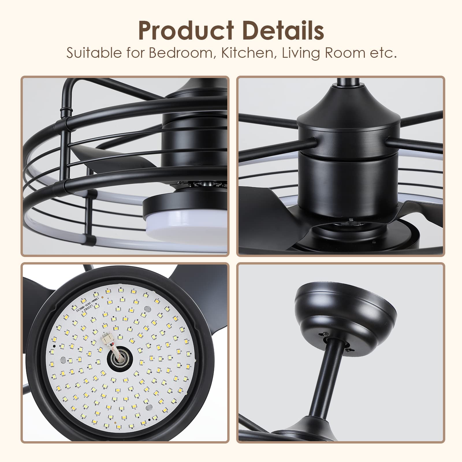 Asyko Caged Ceiling Fan with Light - Bladeless Black Ceiling Fans with Remote, Reversible and Dimmable, Low Profile Flush Mount Ceiling Fan with 6-Speed, Enclosed Led Fan Light for Bedroom, Kitchen…