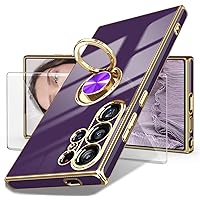 Dretal for Samsung Galaxy S24 Ultra 5G Case, Screen Protector, 360° Rotatable Ring Holder Magnetic Kickstand,Plated Gold Edge Slim Soft TPU Protective Phone Cover for Galaxy S24 Ultra (Deep Purple)