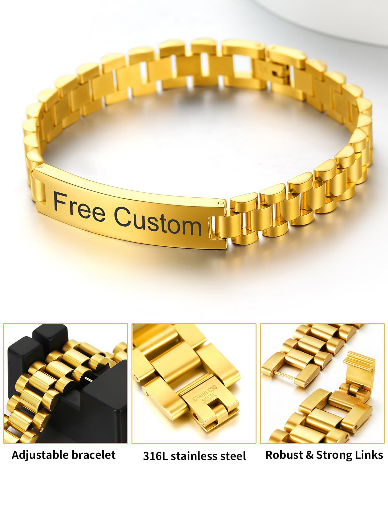 ChainsHouse Wristband ID Bracelets for Men, Stainless Steel/18K Gold/Black Metal Plated, Personalized Engrave Chunky Bracelet Bangle, with Removal Tool, 15MM/15.5MM Width, 8.27-8.66 Inch Length