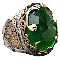 925 Solid Sterling Silver Men Ring, Created Emerald Stone Ring, Middle Eastern Ethnic Design, Men's Ring