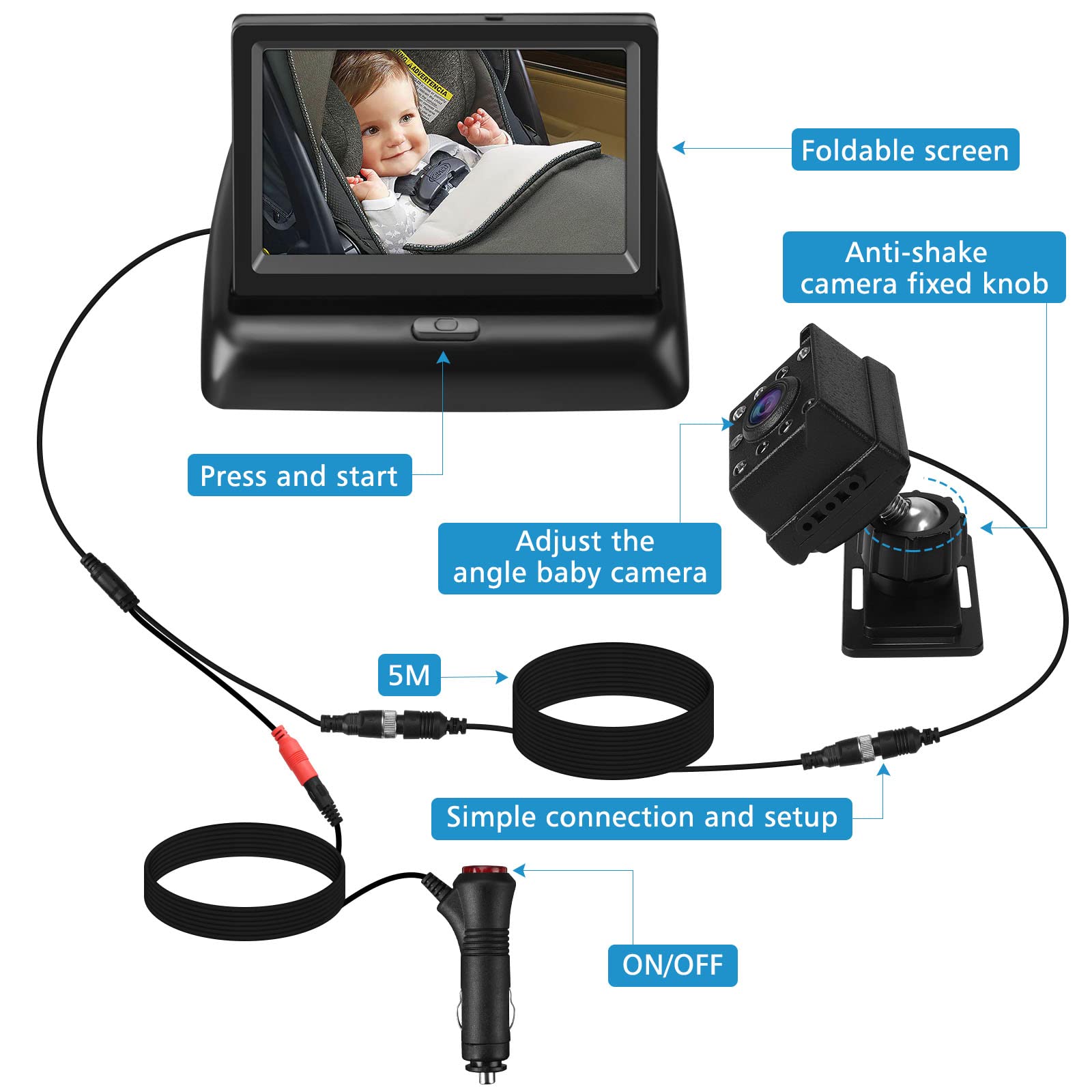 Accmor Baby Car Mirror, Baby Car Mirror for Back Seat Rear Facing,Night Vision Function Car Mirror Display, Safety Car Seat Mirror Camera Monitored Mirror
