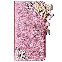XYX Wallet Case for Samsung Galaxy A15 5G 6.5 inch, Glitter Love Five Leaves Diamond Luxury Flip Card Slot Girl Women Phone Case Protection Cover, Pink