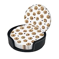Cookies Food Chocolate Chip Biscuits Print Coaster,Round Leather Coasters with Storage Box for Wine Mugs,Cold Drinks and Cups Tabletop Protection (6 Piece)