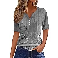 Beautiful Winter Flowy Tops Women Short Sleeve Pub V-Neck Print Tshirt Ladies Buttons Polyester Fitted Soft Grey S