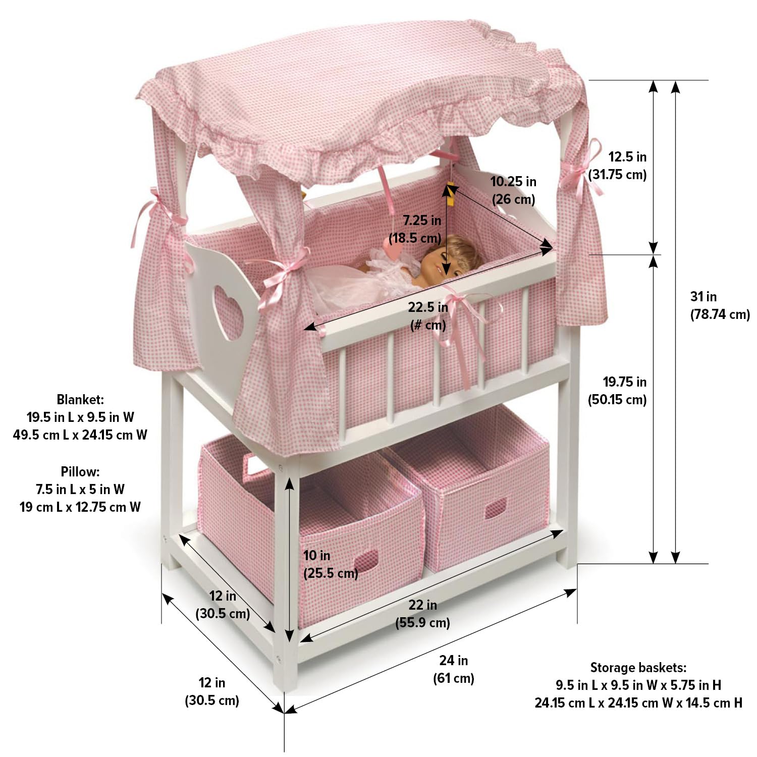 Badger Basket Toy Doll Bed with Storage Baskets, Gingham Bedding, and Musical Mobile for 22 inch Dolls - White/Pink