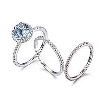 Aquamarine Engagement Ring 7 Round Blue Stone Full Eternity Half Eternity Wedding Ring Set 14K White Gold