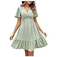 Women's Summer Dresses 2023 Sexy V-Neck Printed Five Quarter Sleeve High Waist A-Line Dress Casual Dresses