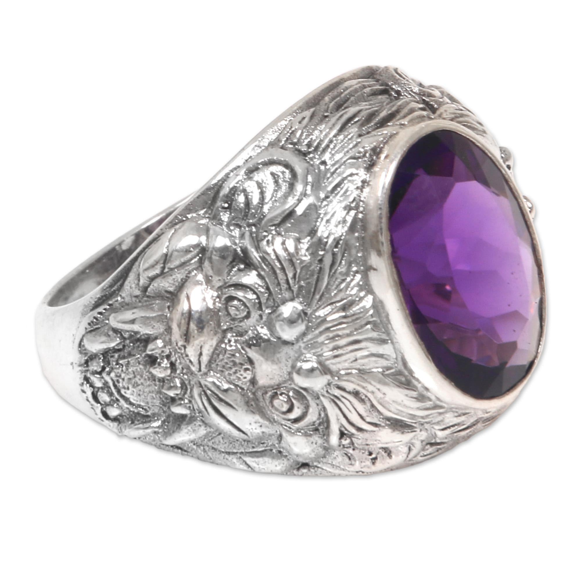 NOVICA Artisan Handmade Amethyst Men's Ring Barong Theme .925 Sterling Silver Purple Single Stone Indonesia Hinduism Birthstone 'Benevolent'