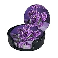 (Blooming Purple Flowers) Print Leather Coasters Set of 6 for Drinks with Holder Absorbent Round Cup Mat Pad for Living Room Dining Table Kitchen Home Decor Housewarming Gift