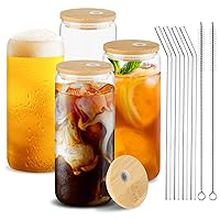4 Pack 20 oz Beer Glass Cup, Iced Coffee Glasses, Drinking Cups with Bamboo Lid and Glass Straws, Glass Tumbler for Cocktail, Whiskey, Soda, Tea, Water, Beer