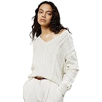 LilySilk Womens Oversized Sweater Drop-Shoulder Premium Wool Cashmere V-Neck Cropped Pullover Cable Knit Fall Winter