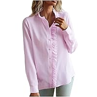 Women's Casual Ruffle Trim Button Down Shirts Frill Trim Stand Collar Long Sleeve Blouses Fashion Loose Fit Tops