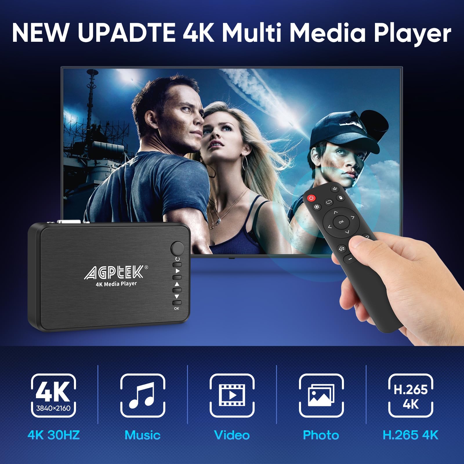 AGPTEK Updated 4K@30hz HDMI TV Media Player with HDMI/AV/VGA Output, Digital MP4 Player for 14TB HDD/ 256G USB Drive/SD Card/H.265 MP4, with Remote Control for MP3 AVI RMVB MPEG etc