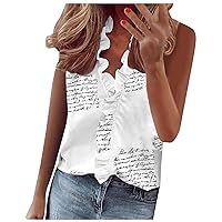 Womens Floral Ruffle Deep V Neck Tank Tops Summer Plus Size Sleeveless Stand Collar Trendy Casual Print T-Shirts