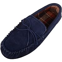 SNUGRUGS Mens Cotton Lined Suede Moccasin Slipper with Rubber Sole