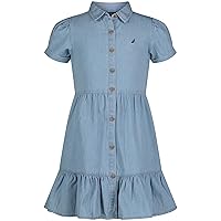 Nautica Girls' Short and Long Sleeve Denim Shirt Dress, Chambray & Dark Denim Colors, Light Wash Chambray, 12-14
