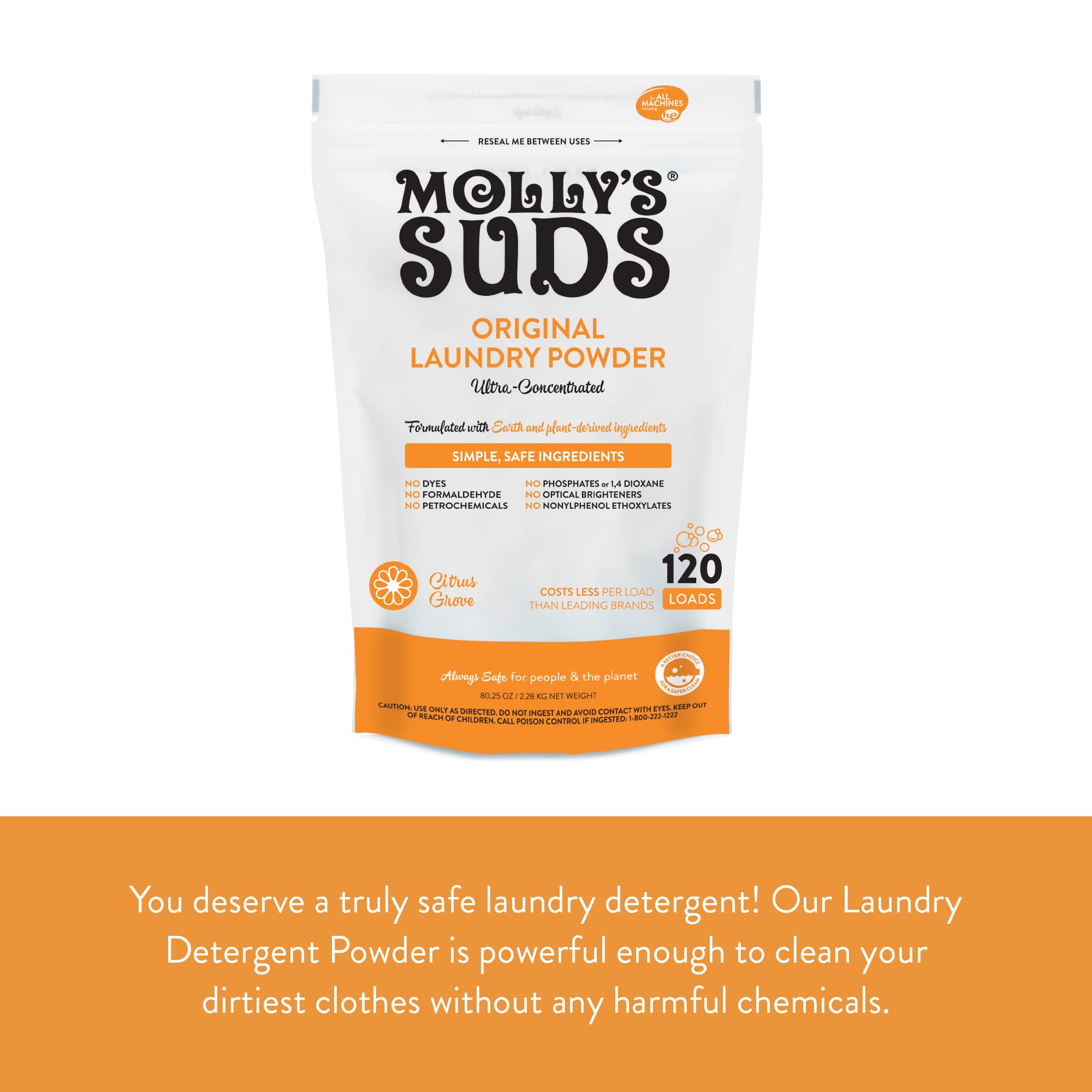 Molly's Suds Original Laundry Detergent Powder | Natural Laundry Detergent Powder for Sensitive Skin | Earth-Derived Ingredients, Stain Fighting | 120 Loads (Citrus Grove)