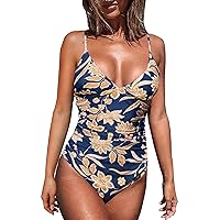 Women's One Piece V Neck Flower Print Swimsuits Backless High Waist Bathing Suit Conservative Tummy Control Swimsuit