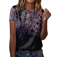 Womens Tops Dressy Casual Floral Tops for Women 2024 Summer Pretty Fashion Casual Trendy Loose Fit with Short Sleeve Round Neck Shirts Light Purple Large