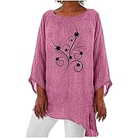 Women Graphic Print Cotton Linen Crop Sleeve Shirts Summer Casual Loose Crew Neck Tunic Tops Asymmetrical Hem T Shirt