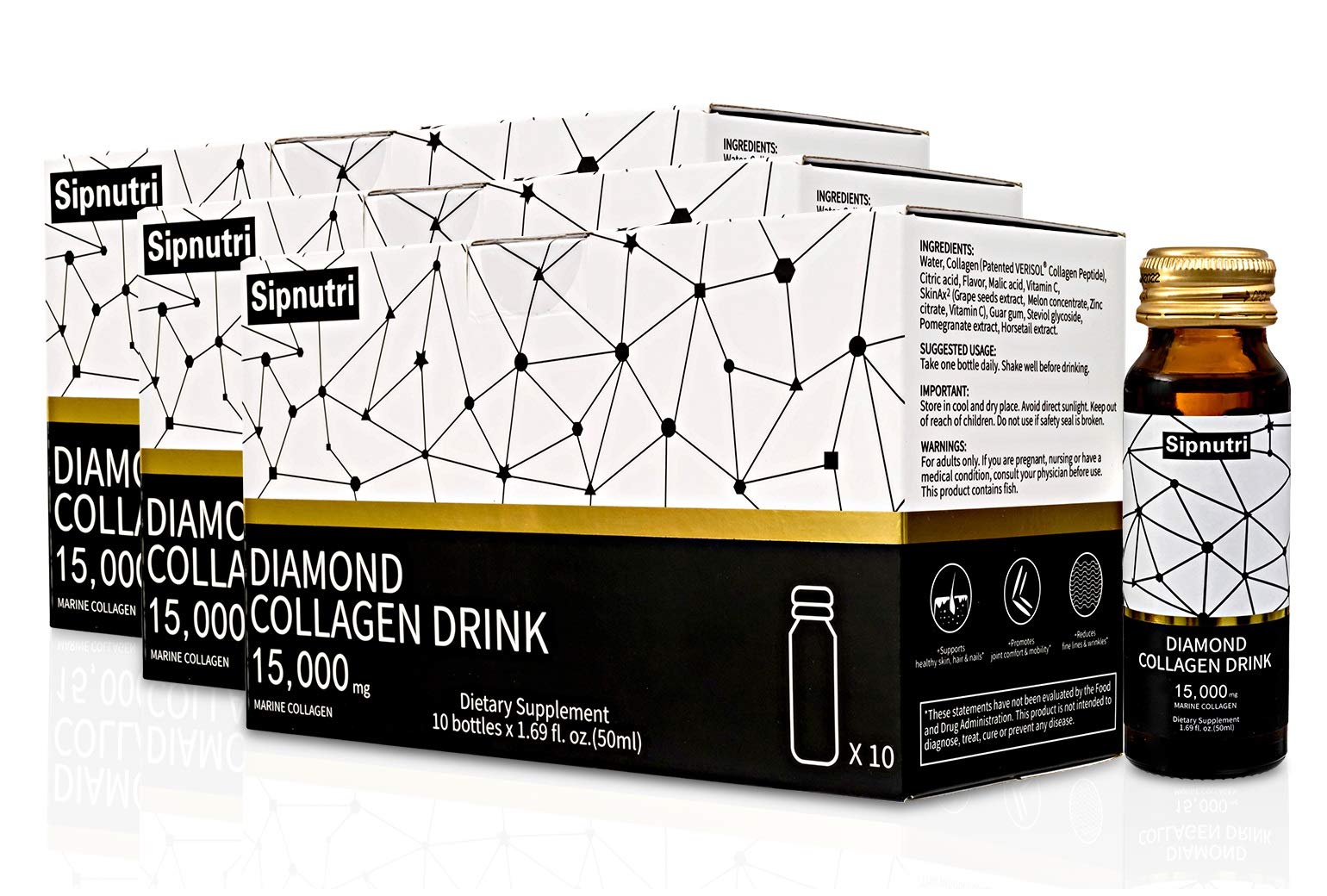 Sipnutri Diamond Liquid Collagen Drink, 15000mg Hydrolyzed Marine Collagen Peptides with Vitamin C, Pomegranate, Healthy Hair Skin Nails Joints Bones Support, 50ml x 10 Bottles(3 Boxes)