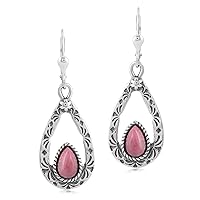 American West Jewelry Sterling Silver with Pear Shaped Rhodonite Gemstone Drop and Dangle Earrings