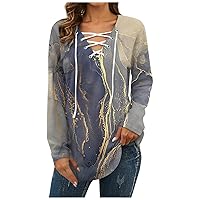 FYUAHI Fall T-Shirts for Women 2023 Women's Atmospheric Fashion Loose Casual Tie Up Halloween Printed V-Neck Long Sleeved Top