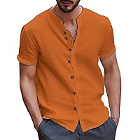 Cotton Linen Shirts for Men Summer Casual Short Sleeve V Neck Beach Yoga Shirt with Plate Buckle Resort Wear T Shirts