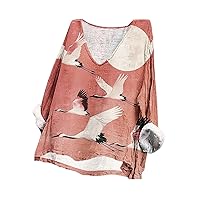 Funny Animal Graphic Tee Tops Women Scoop Neck Long Sleeve Shirts Crane Print Summer Casual Loose Fit Streetwear