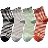 Women's Cute Ruffle Frilly Striped Color Block Cotton Knit Casual Crew Socks 4 Pairs Size 5-9 (Multi Color B)