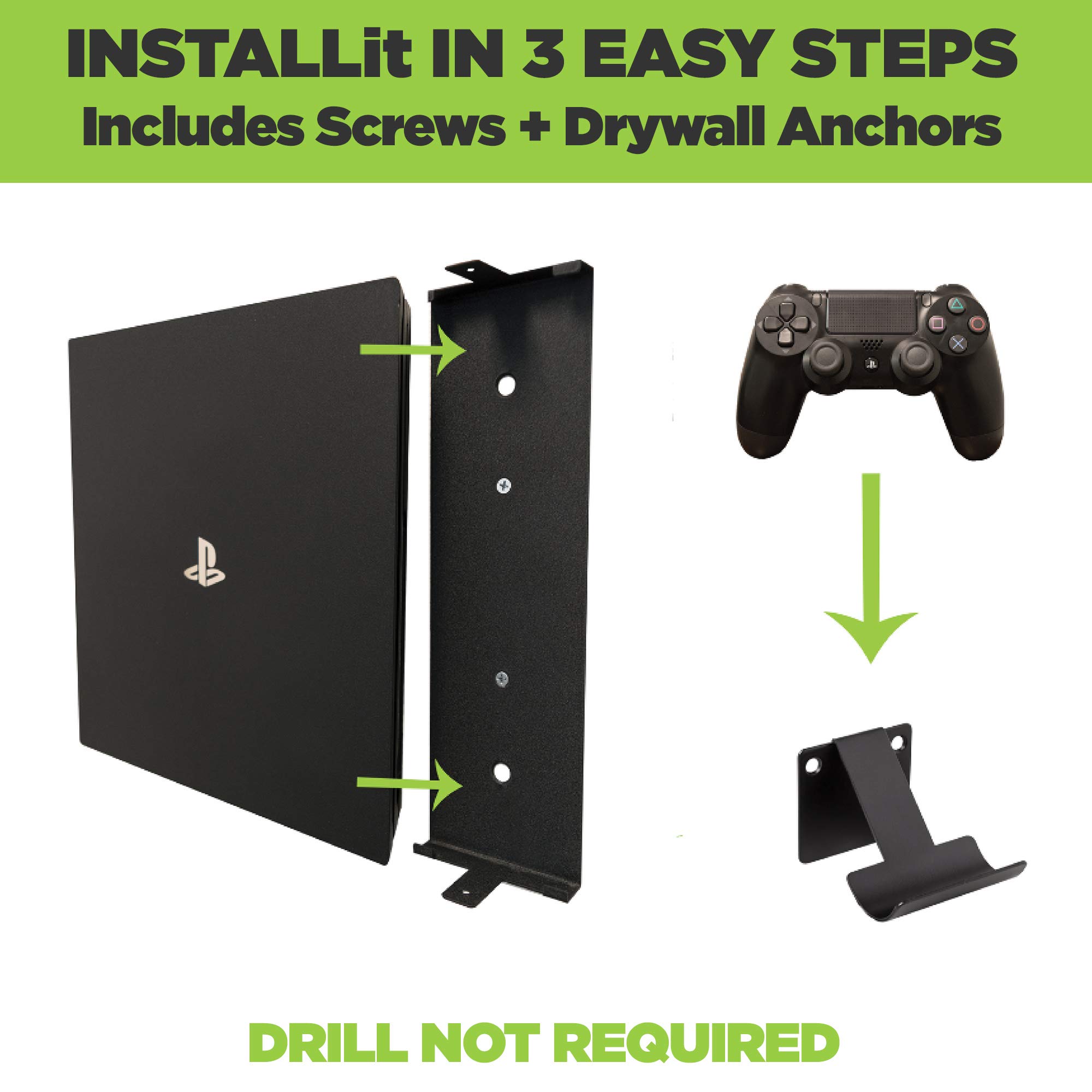 HIDEit Mounts 4P Bundle, Wall Mounts for PS4 Pro and Controller, Steel Wall Mount for PS4 Pro and 2 Controller Mounts to Safely Store Your PS4 Pro and Playstation Controller Near or Behind TV