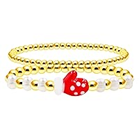 Uloveido 2 Layers Gold Color Metal Bead Chain White Pearl Bracelet for Women - Double Layered 4mm Brass Bead Chain Christmas Charm Bracelet Gift for Girls