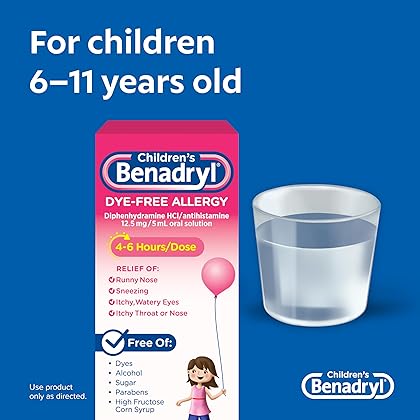 Benadryl Children's Dye-Free Allergy Liquid Medication with Diphenhydramine HCl, Antihistamine Allergy Relief Medication for Kids, Alcohol-Free, Bubble Gum Flavor, 4 fl. oz