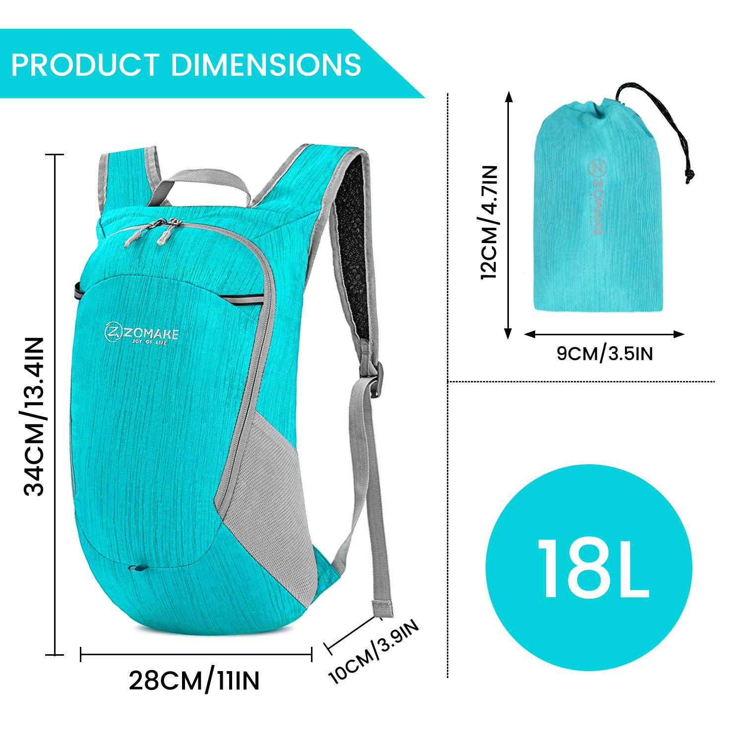ZOMAKE Ultra Lightweight Packable Backpack 18L - Small Foldable Hiking Backpacks Water Resistant Folding Daypack for Travel(Aqua Blue)