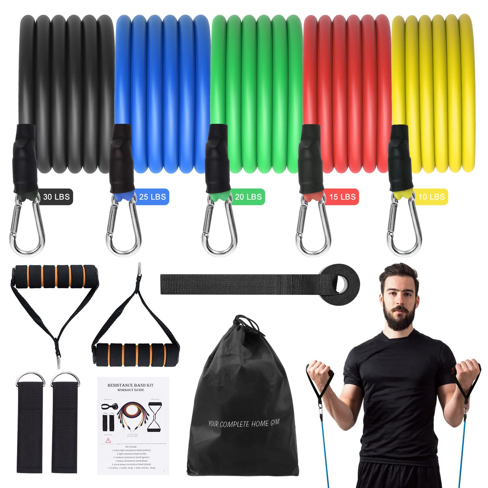 Uten Resistance Bands Set 12pcs, 100lbs Elastic Exercise Bands with Door Anchor, Handles, Ankle Straps and Carry Bag, Indoor Outdoor Fitness, Shape Body, Full Body Workout
