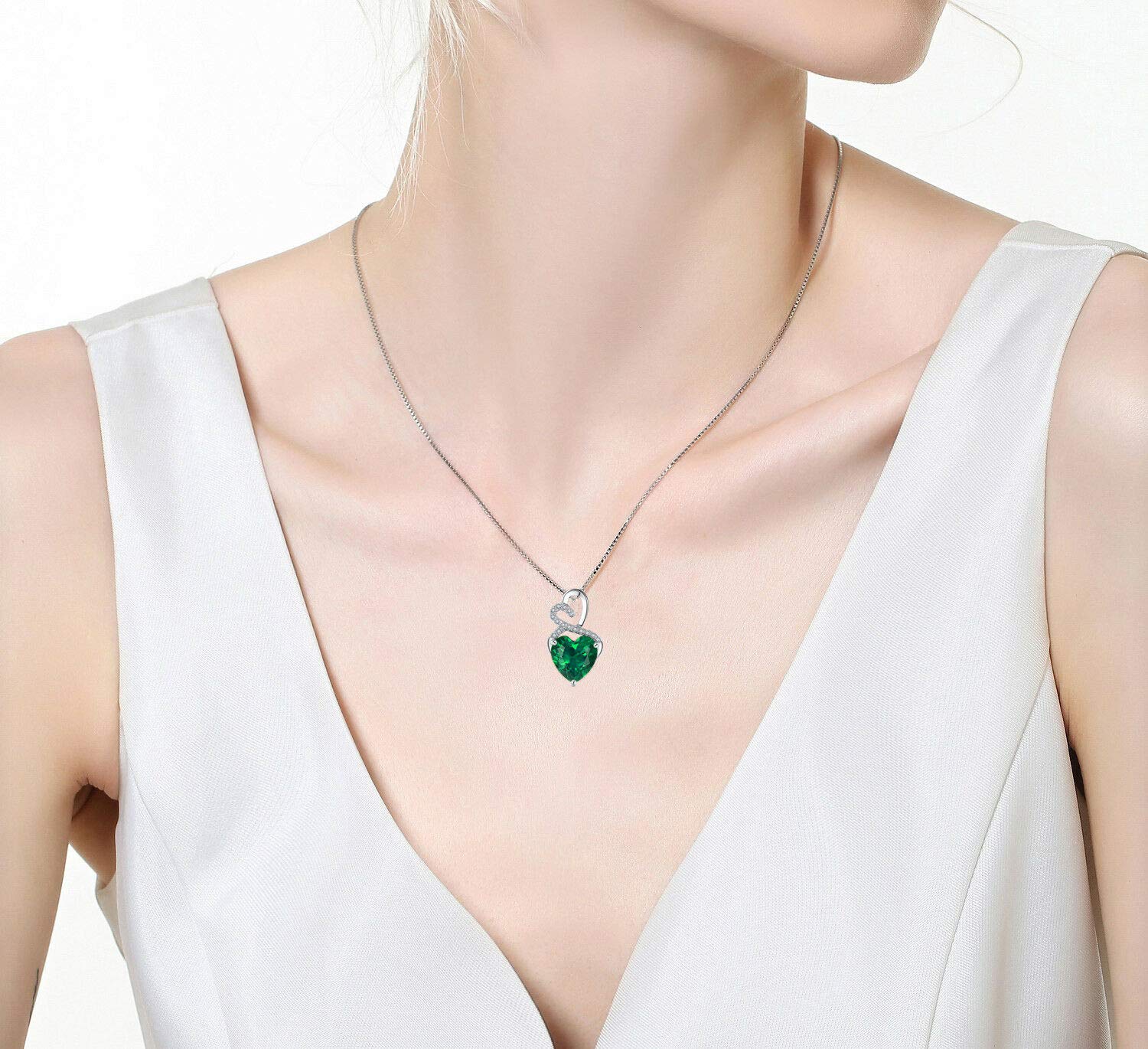 The Diamond Deal Lab-Created Green Emerald Gemstone May Birthstone Heart and Diamond Accent Pendant Necklace Charm in 925 Sterling Silver