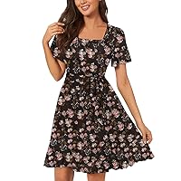 Women Boho Floral Belted Ruffle Wrap A-Line Dress Summer Square Neck Short Sleeve Casual Asymmetrical Mini Dresses