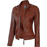 Decrum Womens Brown Moto Quilted Leather Jacket | [1314847] Diamond 1 Cognc, 3XL