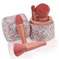 XhuangTech Makeup Brushes with Bling Rhinestone Case, 5Pcs Premium Synthetic Cosmetic Brush Set with Professional Foundation Brushes Powder Concealers Eye Shadows Blush for Perfect Makeup (Pink)