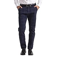Men's Slim-Fit Plaid Checkered Pants - Flat-Front Comfort Chino Pants for Men